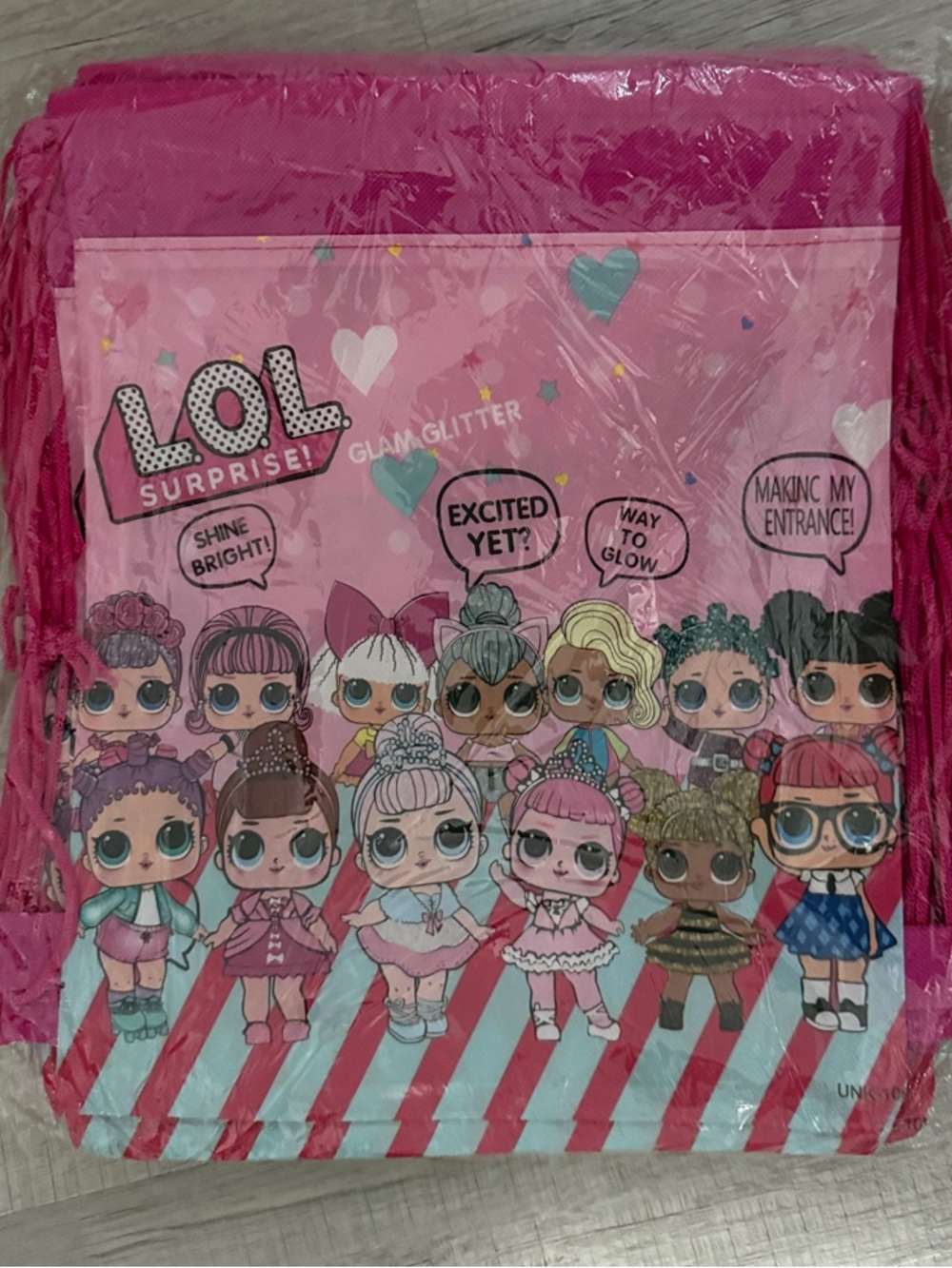 12. L.O.L. Surprise! Hot Pink Character Fringe Drawstring Bags 11 x 14 inches